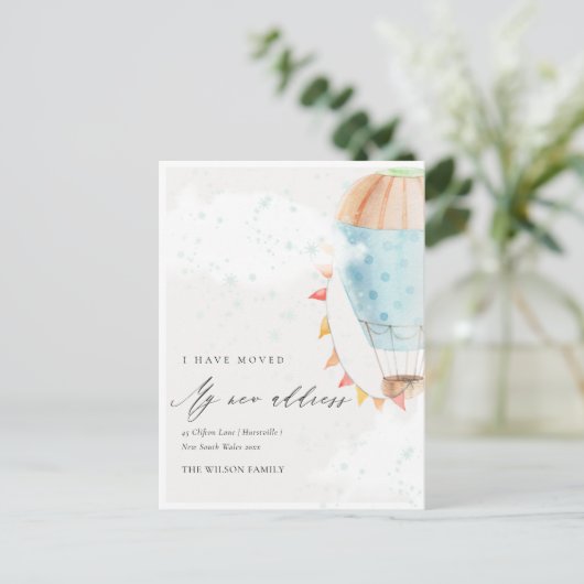 かわいい青の熱気球の雲スター私は移動した ポストカード (スタンド正面)