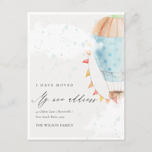 かわいい青の熱気球の雲スター私は移動した ポストカード (正面)