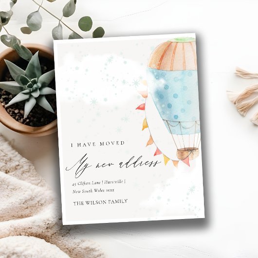 かわいい青の熱気球の雲スター私は移動した ポストカード