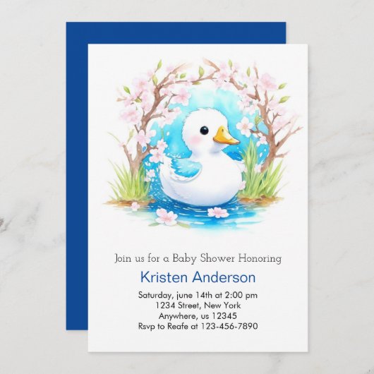かわいい青アヒル野草の男の子の赤ちゃんシャワー 招待状 (正面/裏面)