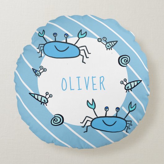 かわいい青カニの海の動物の少年の名前 ラウンドクッション (正面)
