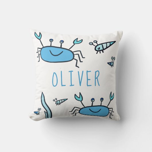 かわいい青カニの海の動物の男の子の名前 クッション (正面)