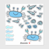 かわいい青カニの海の動物の男の子の名前 シール (シート)
