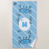 かわいい青カニの海の動物キッズモノグラムビーチトウ ビーチタオル (正面)