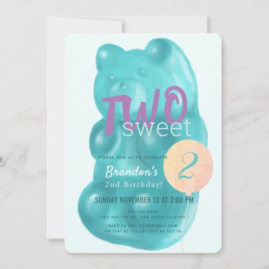 かわいい青グミベア甘い2歳の誕生日 招待状 (正面)