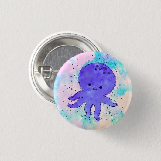 かわいい青タコまんが水彩色 缶バッジ (正面&裏面)