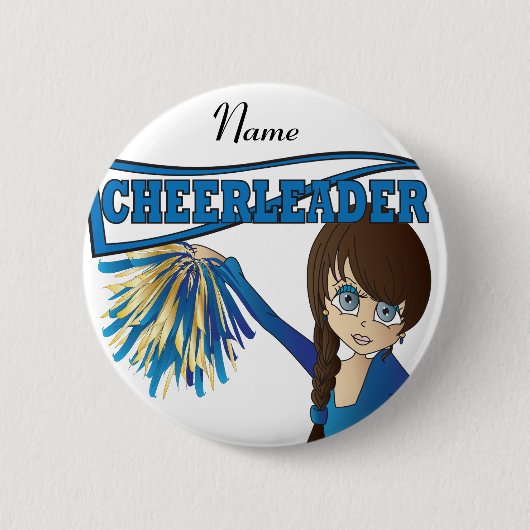 かわいい青チアリーダーの女の子をパーソナライズ 缶バッジ (正面)
