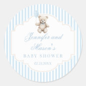 かわいい青テディベアのバルーンボー男の赤ちゃんシャワー ラウンドシール (正面)