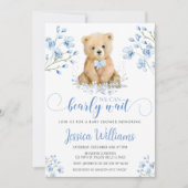 かわいい青テディベアフローラベビーシャワー招待状 招待状 (正面)