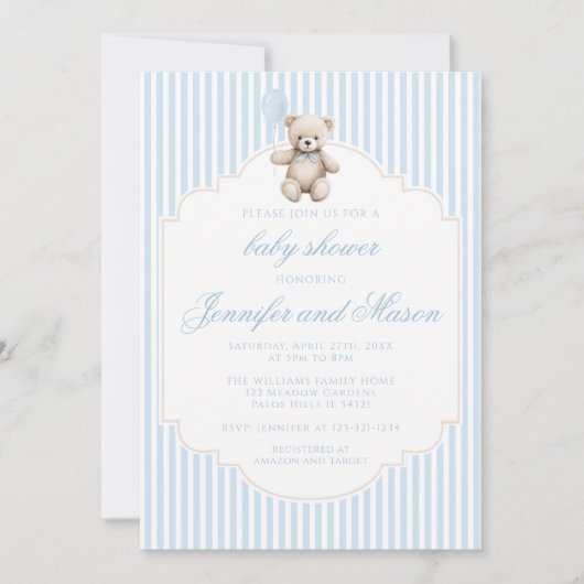 かわいい青テディベアヴィンテージ男の赤ちゃんシャワー 招待状 (正面)