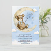 かわいい青テディベアームーンバルーン男の子ベイビーシャワー 招待状 (スタンド正面)
