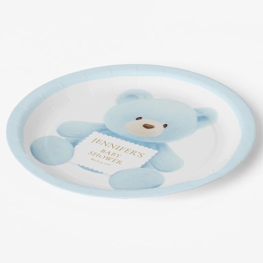 かわいい青テディベア赤ちゃんシャワー ペーパープレート (アングル)
