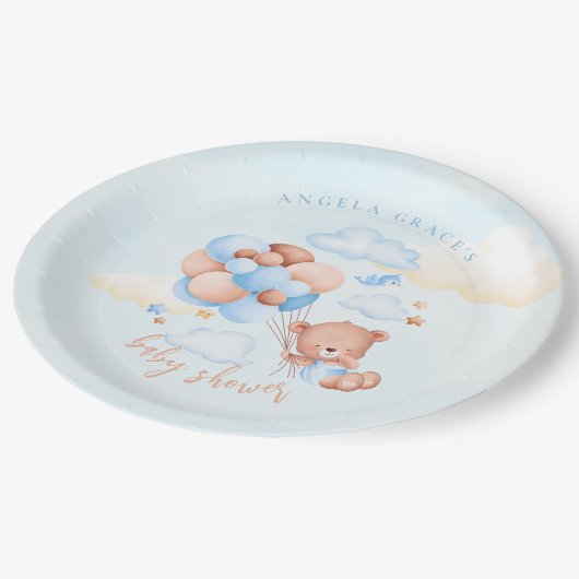 かわいい青テディベア赤ちゃんシャワー ペーパープレート (アングル)
