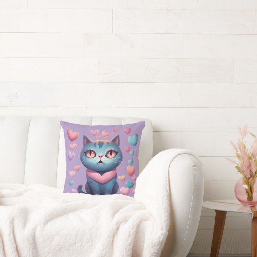かわいい青ネコハートフード付きスウェットシャツ | かわいいバレンティン クッション (ソファ)