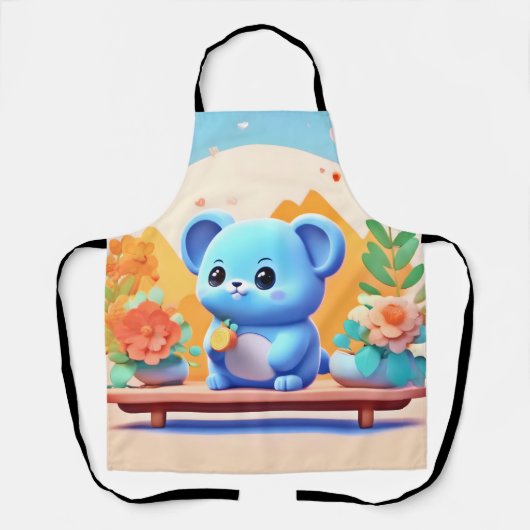 かわいい青ネズミと花 エプロン (正面)
