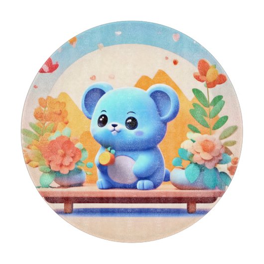 かわいい青ネズミと花 カッティングボード (正面)