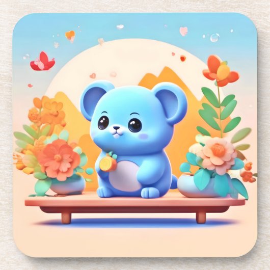 かわいい青ネズミと花 コースター (正面)