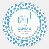 かわいい青ハート赤ちゃんシャワー男の子 ラウンドシール (正面)