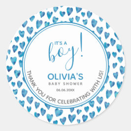 かわいい青ハート赤ちゃんシャワー男の子 ラウンドシール