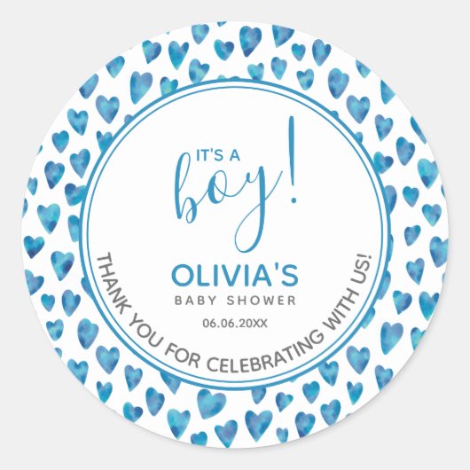 かわいい青ハート赤ちゃんシャワー男の子 ラウンドシール (正面)