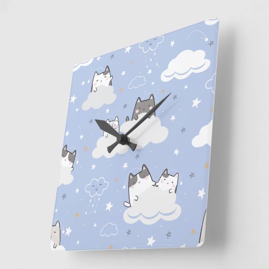 かわいい青パターンキッテンクラウド スクエア壁時計 (傾斜)