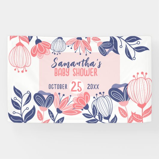 かわいい青ピンクの花植物性の赤ちゃんシャワー 横断幕 (横)