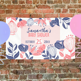 かわいい青ピンクの花植物性の赤ちゃんシャワー 横断幕