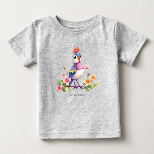 かわいい青ピンクの鳥の花柄ベビーTシャツ ベビーTシャツ (正面)