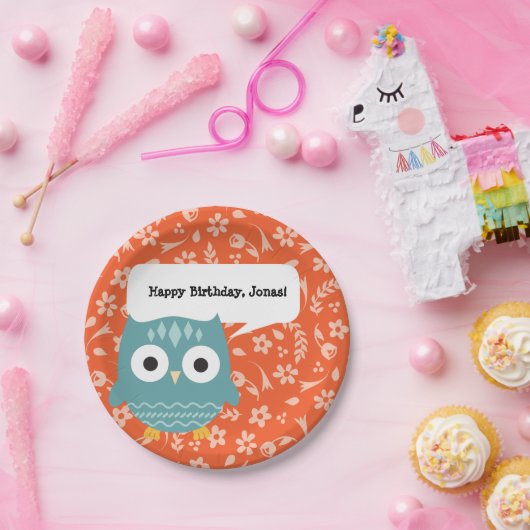 かわいい青フクロウのパーソナライズされたパーティープレート ペーパープレート (パーティー)