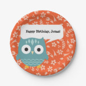 かわいい青フクロウのパーソナライズされたパーティープレート ペーパープレート (正面)