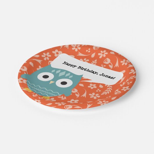 かわいい青フクロウのパーソナライズされたパーティープレート ペーパープレート (アングル)