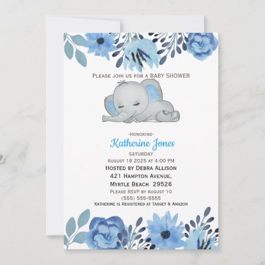 かわいい青フローラ眠っている象の赤ちゃんシャワー 招待状 (正面)
