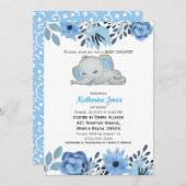 かわいい青フローラ眠っている象の赤ちゃんシャワー 招待状 (正面/裏面)