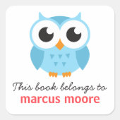 かわいい青ベビーフクロウ動物の漫画蔵書票本 スクエアシール (正面)