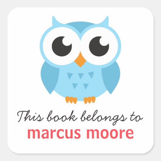 かわいい青ベビーフクロウ動物の漫画蔵書票本 スクエアシール (正面)