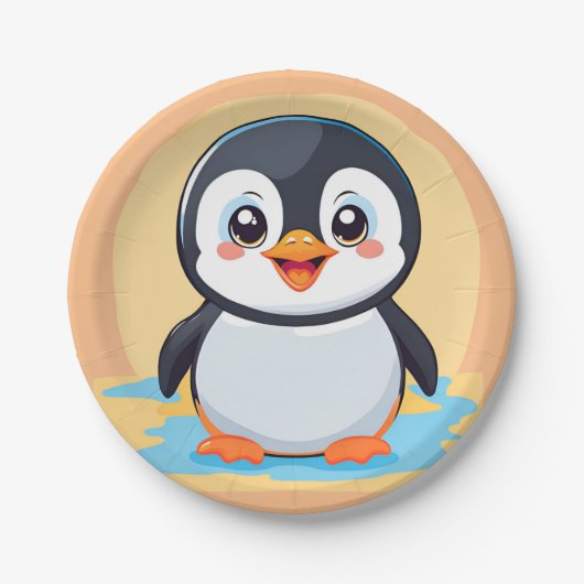 かわいい青ペンギン顔動物園の氷の誕生日パーティー ペーパープレート (正面)