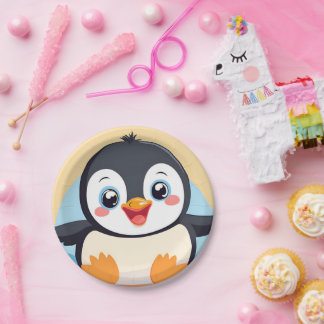 かわいい青ペンギン顔動物園の氷の誕生日パーティー ペーパープレート
