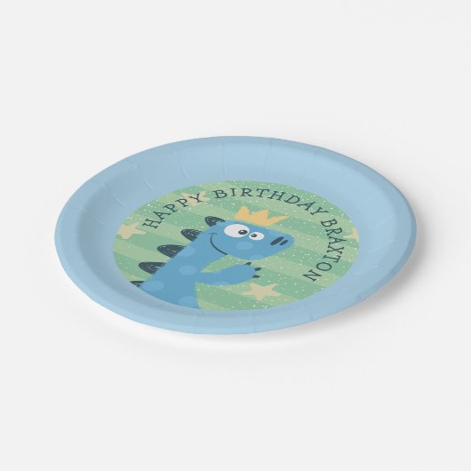 かわいい青マンガTレックスの子どもの誕生日パーティー ペーパープレート (アングル)