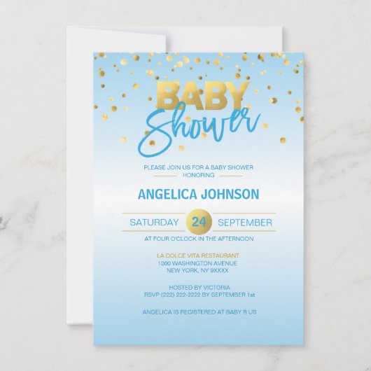 かわいい青モダンい金ゴールド紙吹雪の男の子のベビーシャワー 招待状 (正面)