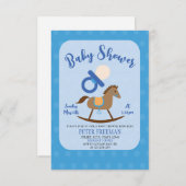 かわいい青ロッキングホースおしゃぶり男の子の赤ちゃんシャワー 招待状 (正面/裏面)
