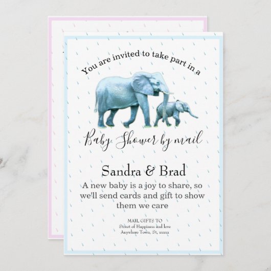 かわいい青男の赤ちゃんゾウ赤ちゃんシャワー 招待状 (正面/裏面)