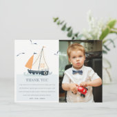 かわいい青航海の帆船キッズフォト誕生日 サンキューカード (スタンド正面)
