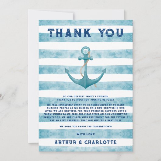 かわいい青航海の水夫の水色ベビーシャワー サンキューカード (正面)