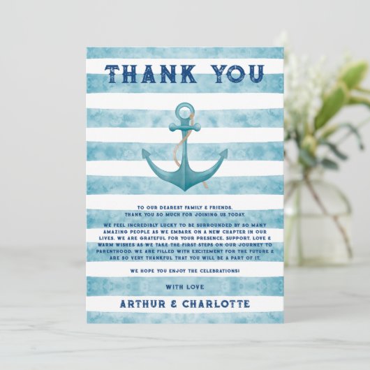 かわいい青航海の水夫の水色ベビーシャワー サンキューカード (スタンド正面)