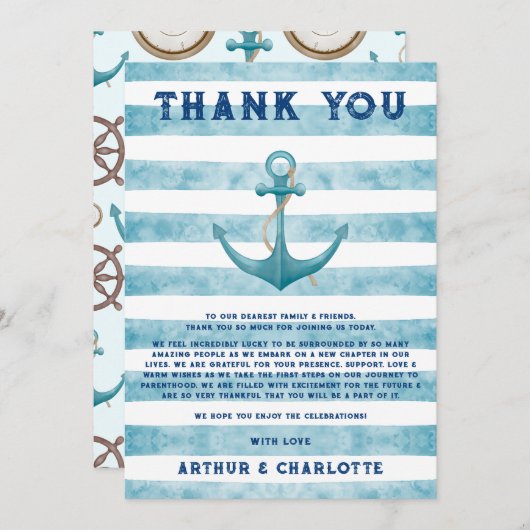 かわいい青航海の水夫の水色ベビーシャワー サンキューカード (正面/裏面)
