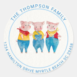 かわいい青3小さな豚の赤ちゃんシャワーのアドレス ラウンドシール