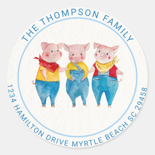 かわいい青3小さな豚の赤ちゃんシャワーのアドレス ラウンドシール (正面)