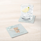 かわいい青bearly待ちクマ気球ベビーシャワー スクエアペーパーコースター (インサイチュ)