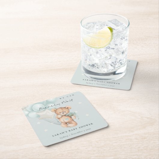 かわいい青bearly待ちクマ気球ベビーシャワー スクエアペーパーコースター (インサイチュ)