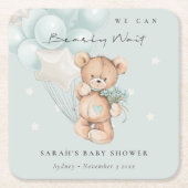かわいい青bearly待ちクマ気球ベビーシャワー スクエアペーパーコースター (正面)